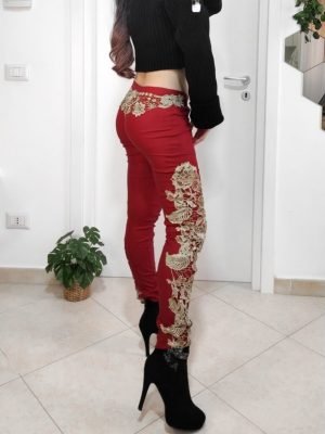 HELIANE-PANTALONE IN PELLE CON PIZZO ORO